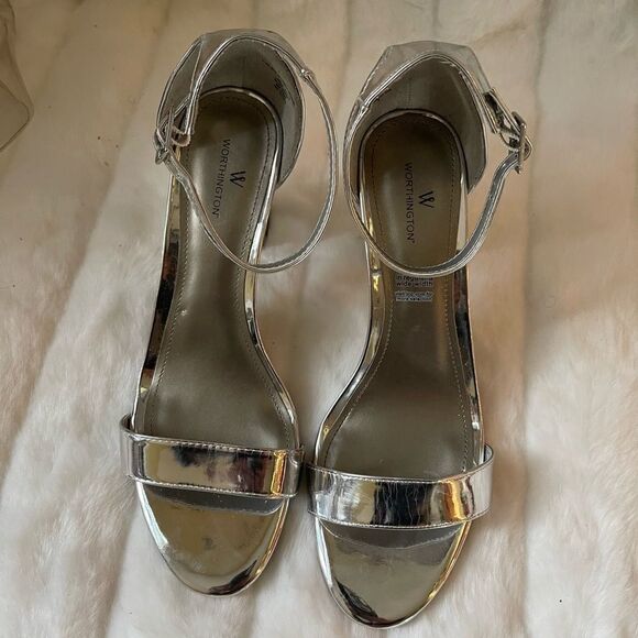 worthington metallic silver ankle straps block heels open toe size 9.5 - Picture 6 of 10